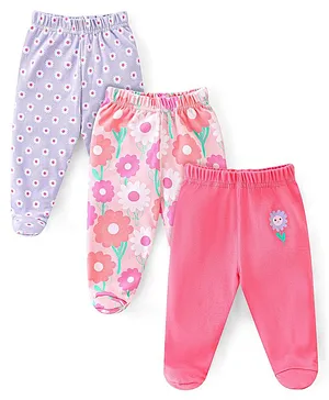 Babyhug Interlock Cotton Knit Full Length Diaper Pants Pack of 3 Floral & Butterfly Print- Multicolour