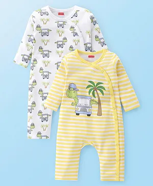 Babyhug 100% Cotton Full Sleeves Romper With Dino Print Pack Of 2 - White & Yellow