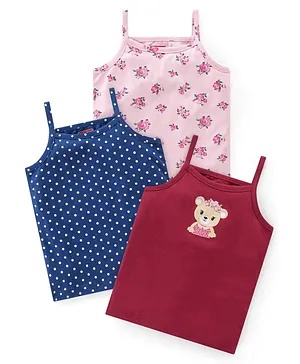 Babyhug 100% Cotton Knit Sleeveless Slips Floral & Bear Print  Pack of 3- Multicolour