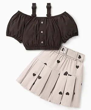 Ollington St. Poplin Woven Off Shoulder Top & Heart Print Skirt with Belt - Brown & Beige