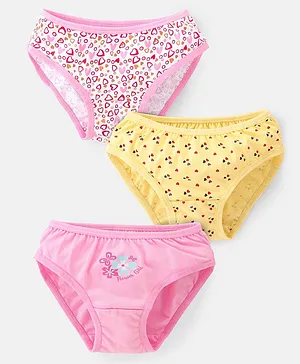 Babyhug 100% Cotton Single Jersey Panties Heart Print Pack of 3 - Yellow & Pink