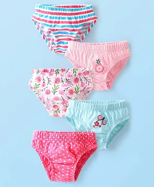 Babyhug 100% Cotton Knit Antibacterial Panties Floral Print Pack of 5 - Pink & Blue