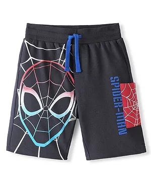 Pine Kids Marvel Cotton Terry Knit Knee Length Shorts with Spiderman Graphics - Black