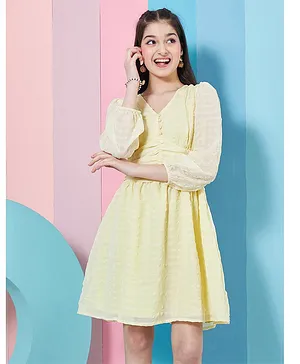 Pspeaches Puffed Three Fourth Sleeves Self Design  Fit &  Flare Dress - Yellow