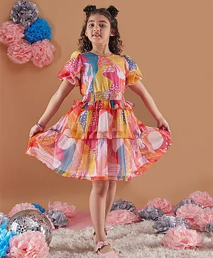 Pspeaches Half Sleeves Abstract Printed Tiered Dress - Multi Colour