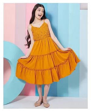 Pspeaches  Sleeveless Lace Bodice Detailed Fit & Flared Dress - Mustard Yellow