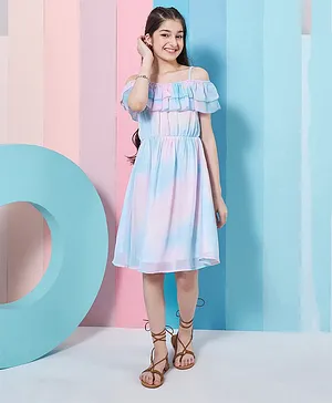 Pspeaches Cold Shoulder Ombre Effect Fit & Flared Dress - Blue