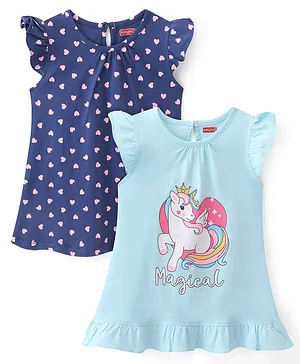 Babyhug Cotton Knit Single Jersey Frill Sleeves Nighty With Heart & Unicorn Print Pack Of 2 - Navy Blue