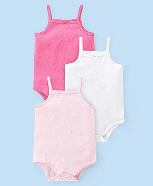 Babyhug 100% Cotton Pointelle Fabric Sleeveless Singlet Onesies Pack of 3 - Pink & White