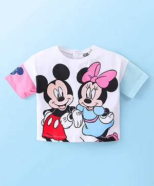 Babyhug Disney Cotton Knit Oversized Drop Shoulder Half Sleeves Tee with Mickey & Minnie Mouse Graphics - White