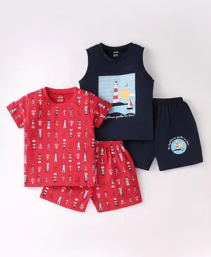 CUCUMBER Sinker Half Sleeves Light House Printed T-Shirt & Shorts Set Pack of 2 - Navy Blue & Red
