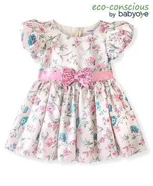 Babyoye Cotton Woven Half Sleeve Party Frock With Floral Print & Bow Applique - Multicolor