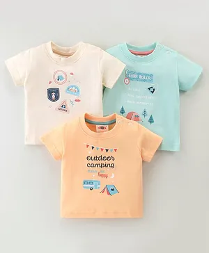 Zero Sinker Half Sleeves Sea Printed T-Shirts Pack of 3 - Cream Aqua & Light Orange