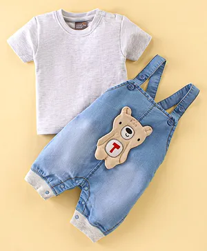 Little Kangaroos Cotton Knit Teddy Applique Dungaree with Solid Colour T-Shirt - Light Blue