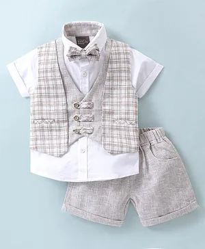 Little Kangaroos Cotton Woven Half Sleeves T-Shirt & Shorts With Waist Coat & Bow - White & Grey