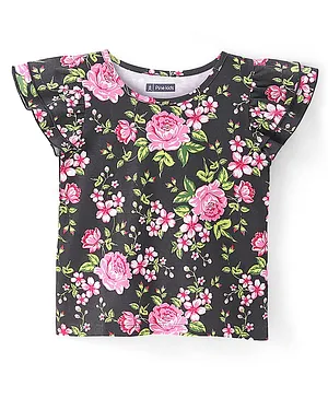 Pine Kids Cotton Knit with Frill Sleeves  Top with Floral Print - Black