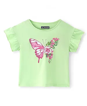 Pine Kids Cotton Knit Half Sleeves with Frill Detailing  Top with Butterfly Print - Green