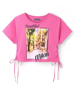 Pine Kids Cotton Knit Half Sleeves  Top with Knot Detailing  Scenery Print - Pink