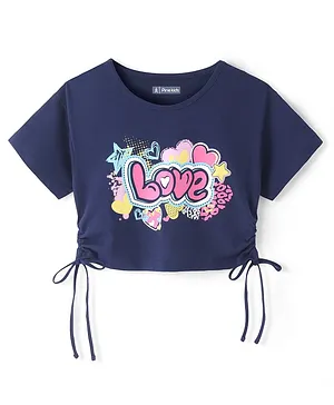 Pine Kids Cotton Knit Half Sleeves  Top with Knot Detailing  Text Print - Navy
