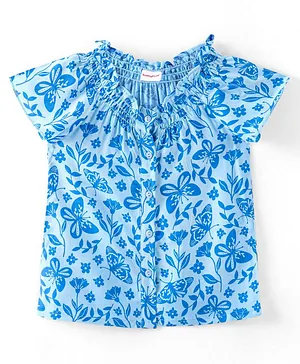 Babyhug Rayon Woven Half Sleeves Top With Smoking Frill Detailing & Floral Print - Blue