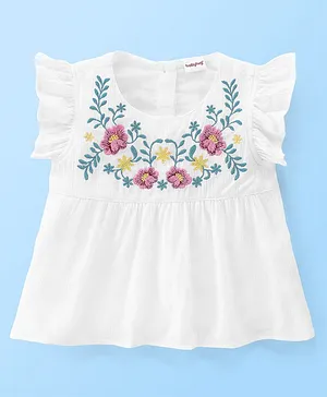 Babyhug Rayon Woven Frill Sleeves Woven Top With Floral Embroidery - White