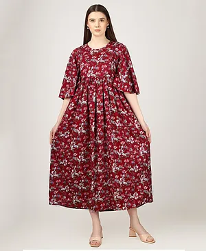 misbis Three Fourth Sleeves Floral Printed Maternity Dress With Concealed Zipper Nursing Access -  Red