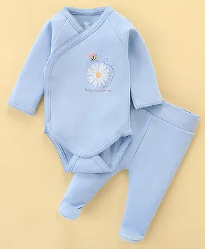 I Bears Cotton Knit Full Sleeves Floral Printed Onesie with Bootie Leggings - Sky Blue