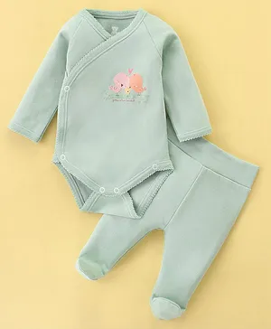 I Bears Cotton Knit Full Sleeves Sparrow Printed Onesie with Bootie Leggings - Green