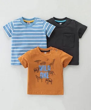 Zero Sinker Knit Half Sleeves T-Shirts Solid Striped & Animal Print Pack of 3 - Grey Turquoise & Rust