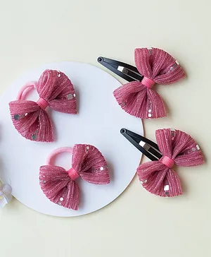 Ribbon candy Set Of 4 Mirror Work Embellished Bow Detailed Coordinating Hair Clips & Rubber Bands Set - Pink