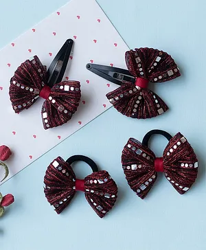 Ribbon candy Set Of 4 Mirror Work Embellished Bow Detailed Coordinating Hair Clips & Rubber Bands Set - Maroon