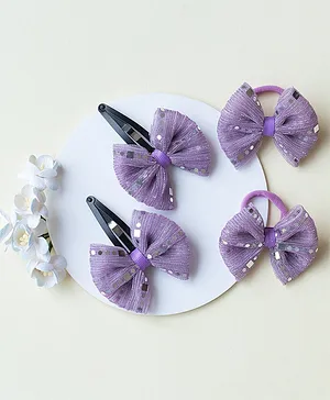 Ribbon candy Set Of 4 Polka Dots Embellished Bow Detailed Coordinating Hair Clips & Rubber Bands Set - Purple