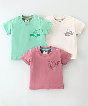 Zero Sinker Knit  Half Sleeves T-Shirts Seagull  Bird & Tortoise Print Pack of 3 - Multicolour