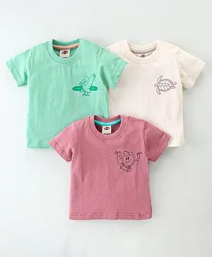 Zero  Sinker Knit  Half Sleeves T-Shirts with Tortoise & Seagull Bird  Print Pack of 3 - Multicolour