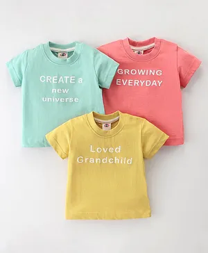 Zero Sinker Knit  Half Sleeves T-Shirts with Text Print Pack of 3 - Mint Cherry & Lemon Yellow