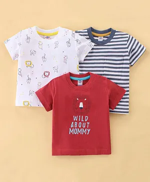 Zero  Sinker Knit  Half Sleeves T-Shirts Striped &  Lion Print Pack of 3 - White Red & Navy