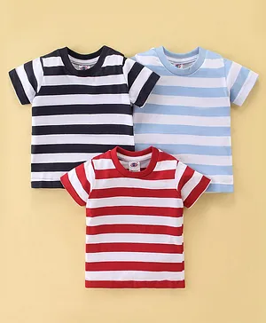 Zero Sinker Knit  Half Sleeves Striped T-Shirts Pack of 3 - Blue Navy & Red