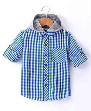 Rikidoos Full Sleeves Checked Hooded Shirt - Blue & Green