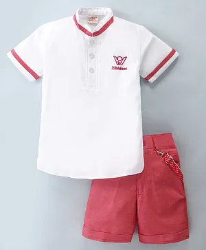 Rikidoos Half Sleeves Brand Name Embroidered Shirt With Shorts & Suspender - White & Red