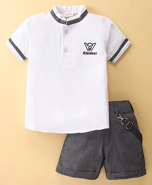 Rikidoos Half Sleeves Brand Name Embroidered Shirt With Shorts & Suspender - White & Black