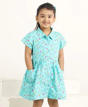 Campana 100% Cotton Half Sleeves Pineapple Printed Fit & Flared Dress -  Turquoise Blue & Pink