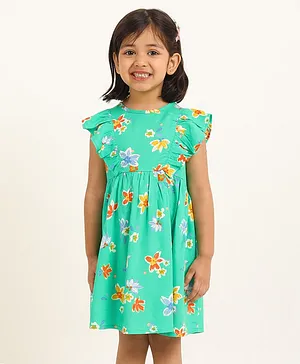 Campana Rayon Frill Sleeves Flower Printed Fit & Flared Dress - Green