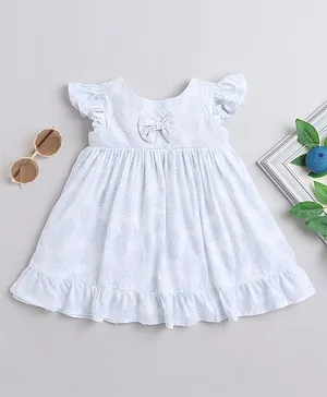 Many Frocks & Cap Frill Sleeves Bow Applique Detailed & Pineapple Printed Fit & Flare Cotton Dress - White