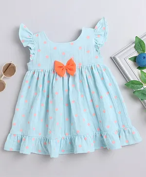 Many Frocks & Cap Frill Sleeves Bow Applique Detailed & Polka Dot  Printed Fit & Flare Cotton Dress -  Blue