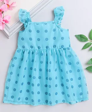 Many Frocks & Frill Sleeves Polka Dots Printed Fit & Flare Georgette Dress - Blue