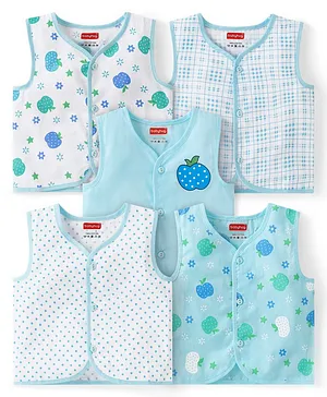 Babyhug 100% Cotton Front Open Sleeveless Jhablas Floral & Fruit Print Pack of 5 - Blue