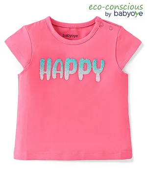 Babyoye Cotton Lycra Knit Cap Sleeves T-Shirt Text Print - Pink