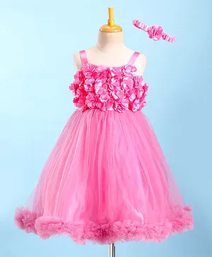 Enfance Sleeveless Floral Detailed Net Tutu Dress With Hairband - Pink
