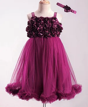 Enfance Sleeveless Floral Detailed Net Tutu Dress With Hairband - Wine