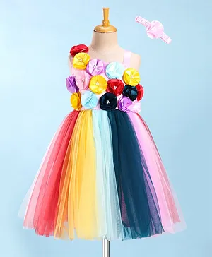 Enfance One Shoulder Floral Detailed Net Dress With Hairband - Pink